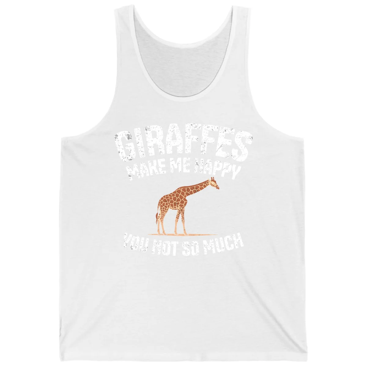 Giraffe make me happy design with distressed white text on gray background, humorous introvert-themed illustration in White