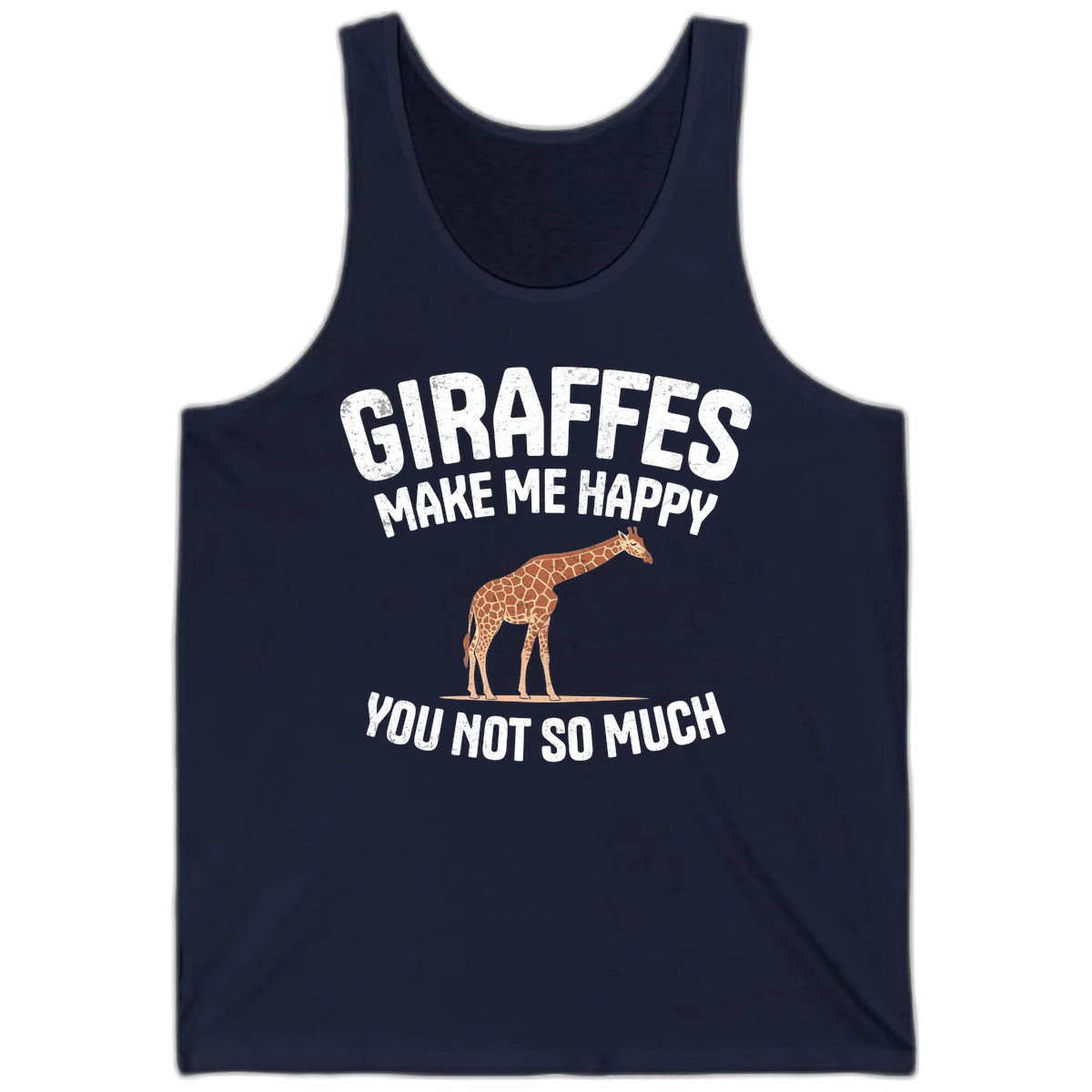 Giraffe make me happy design with distressed white text on gray background, humorous introvert-themed illustration in Navy