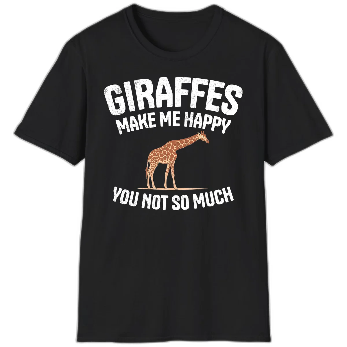 Giraffe make me happy design with distressed white text on gray background, humorous introvert-themed illustration in Black