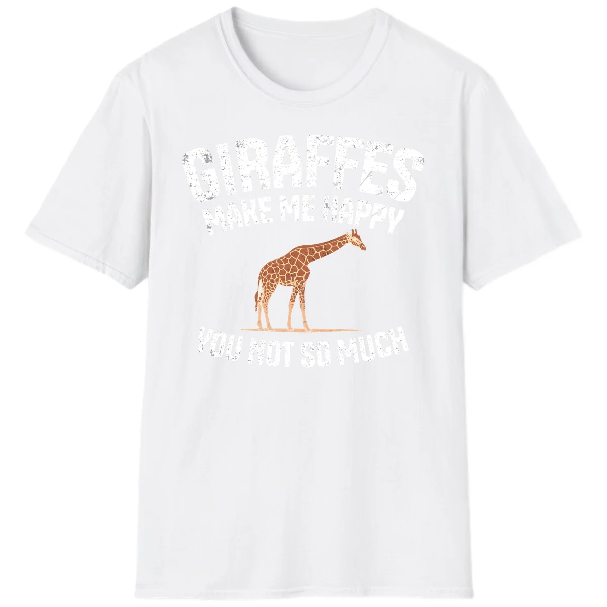 Giraffe make me happy design with distressed white text on gray background, humorous introvert-themed illustration in White