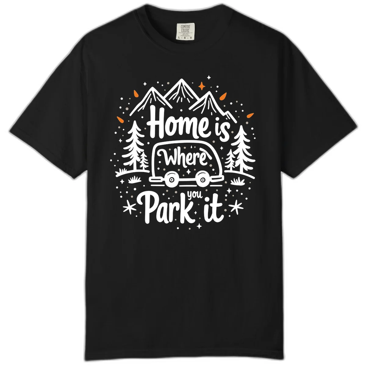 Illustrated winter camping scene with travel trailer, mountains, trees, and snowflakes with text 'Home is Where you Park it' in Black