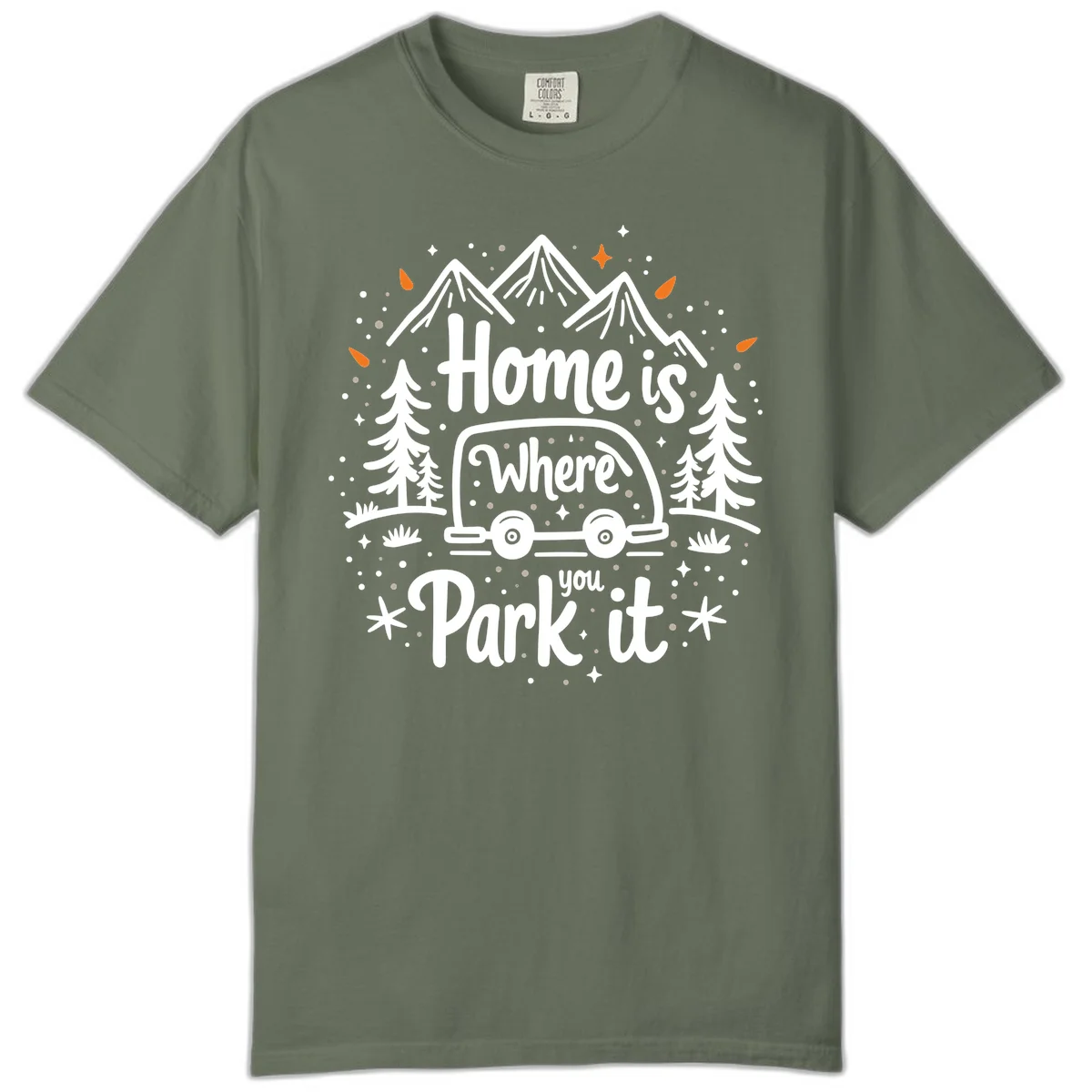 Illustrated winter camping scene with travel trailer, mountains, trees, and snowflakes with text 'Home is Where you Park it' in Moss