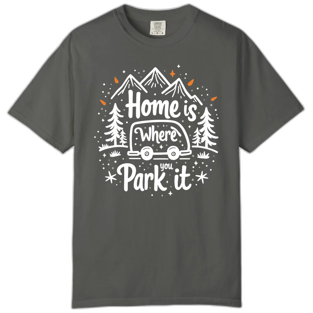 Illustrated winter camping scene with travel trailer, mountains, trees, and snowflakes with text 'Home is Where you Park it' in Pepper