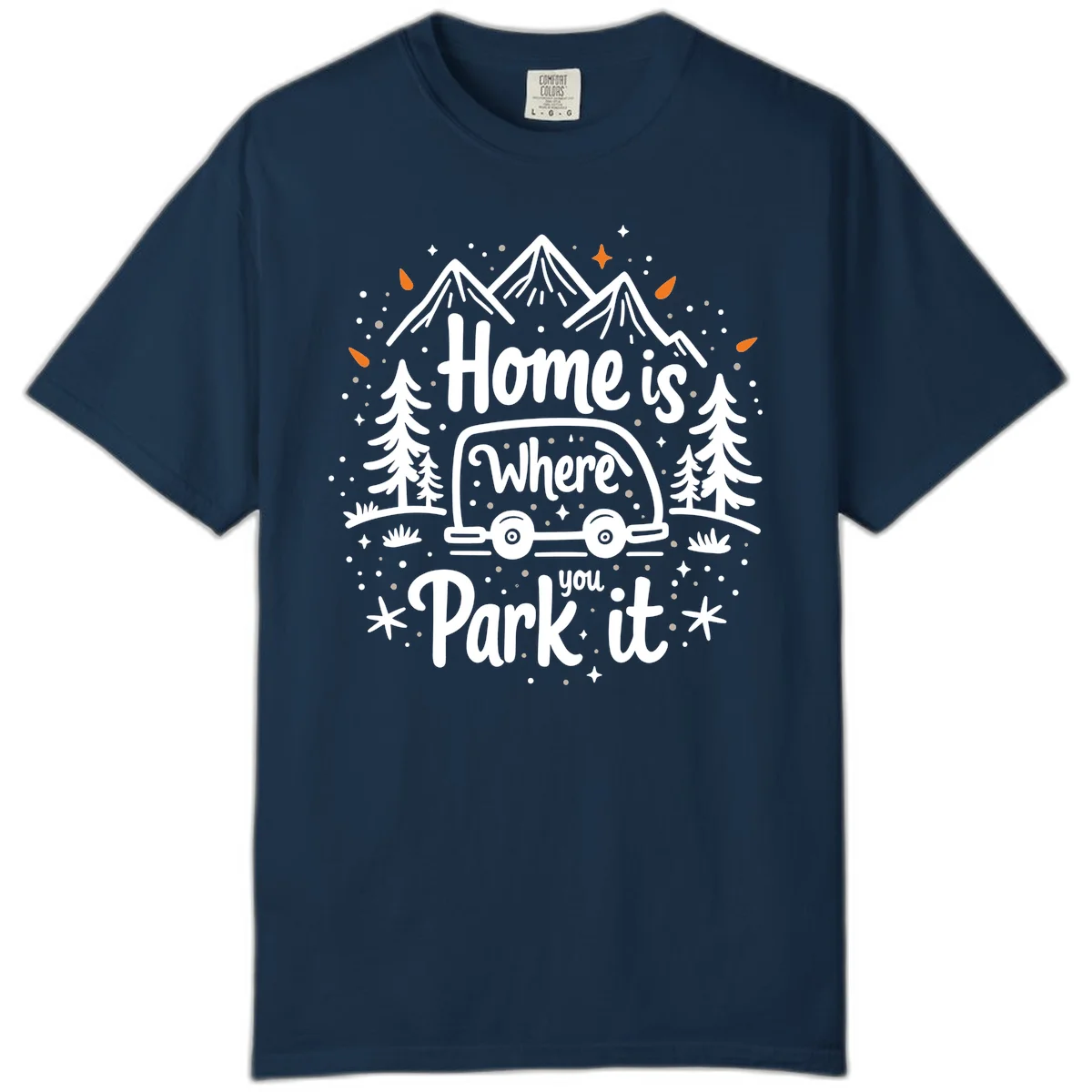 Illustrated winter camping scene with travel trailer, mountains, trees, and snowflakes with text 'Home is Where you Park it' in True Navy