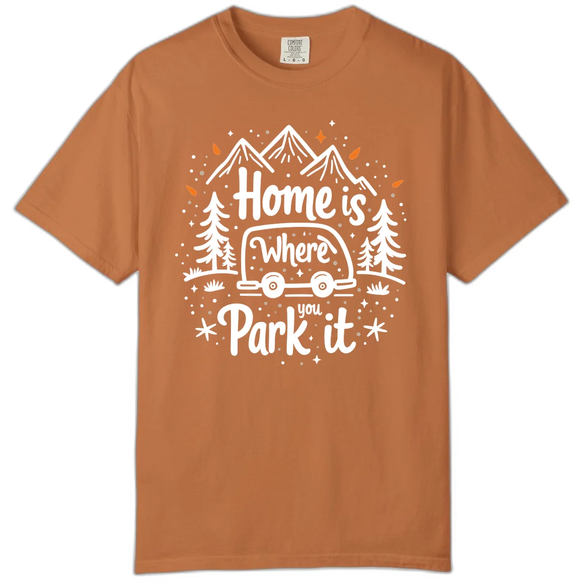 Illustrated winter camping scene with travel trailer, mountains, trees, and snowflakes with text 'Home is Where you Park it' in Yam