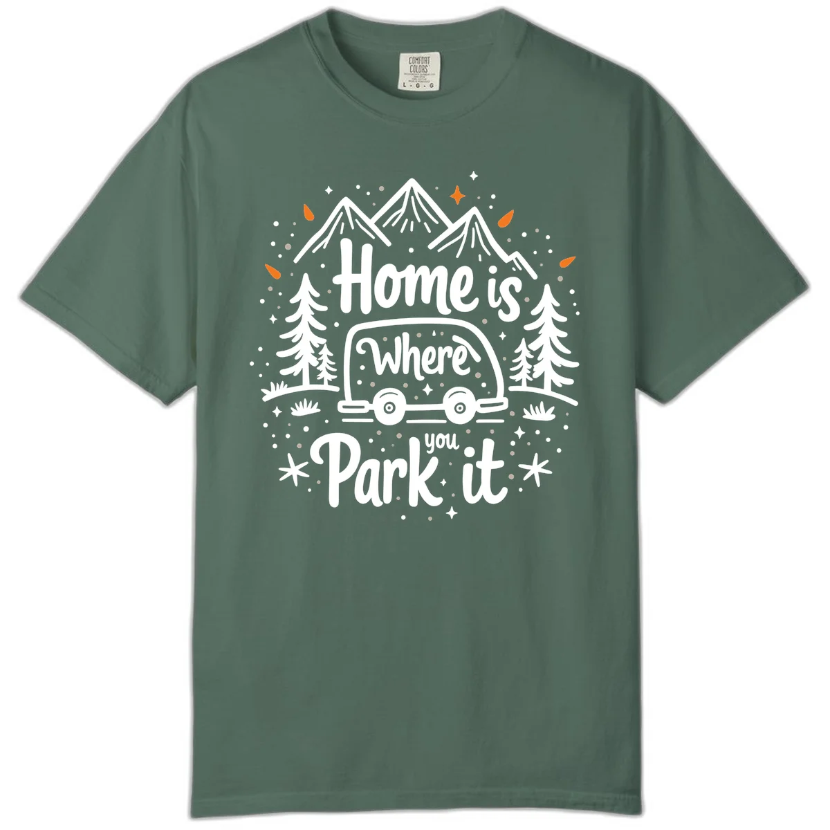 Illustrated winter camping scene with travel trailer, mountains, trees, and snowflakes with text 'Home is Where you Park it' in Blue Spruce