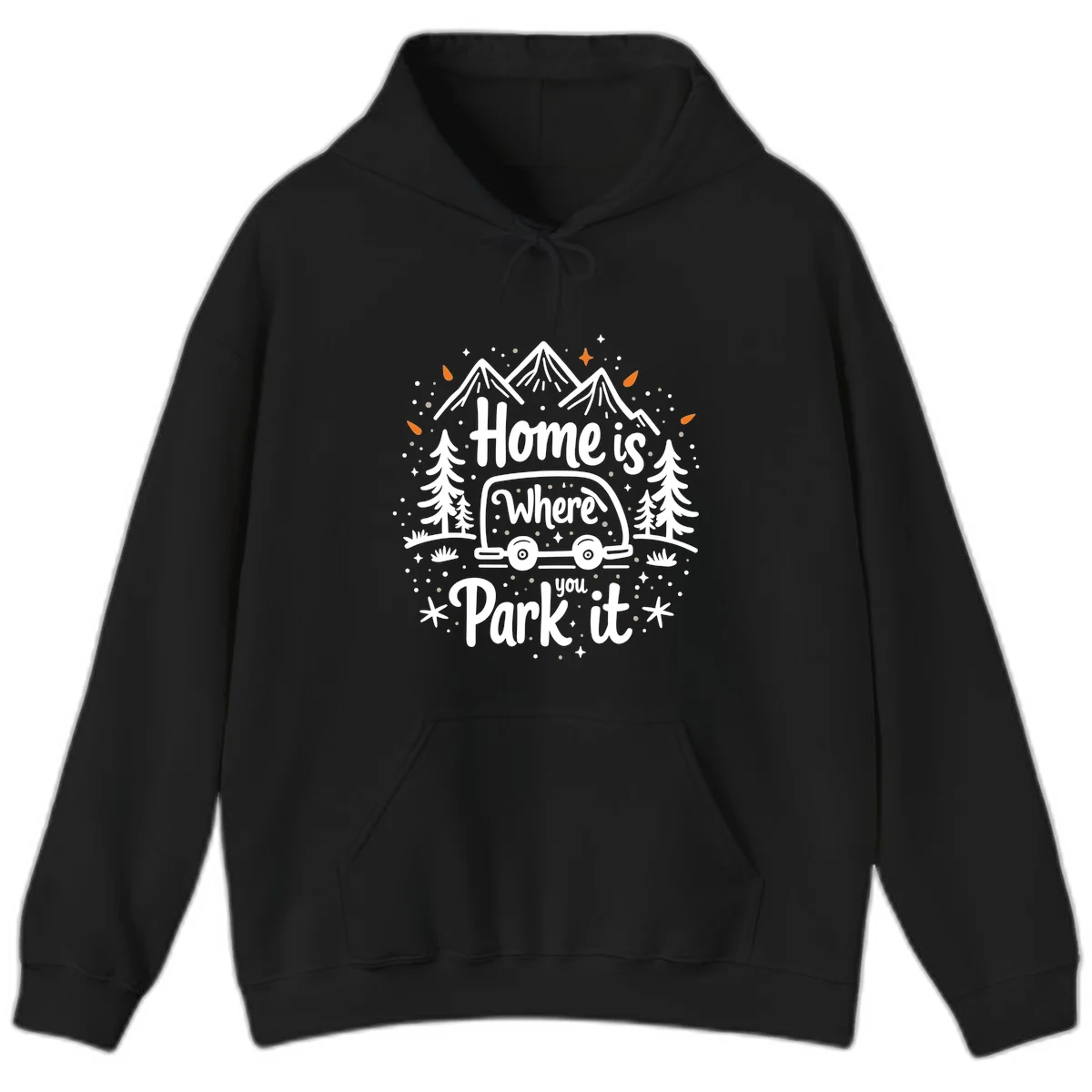 Illustrated winter camping scene with travel trailer, mountains, trees, and snowflakes with text 'Home is Where you Park it' in Black