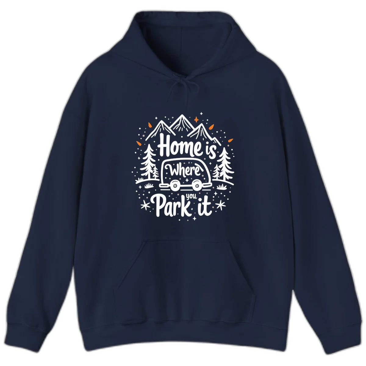 Illustrated winter camping scene with travel trailer, mountains, trees, and snowflakes with text 'Home is Where you Park it' in Navy