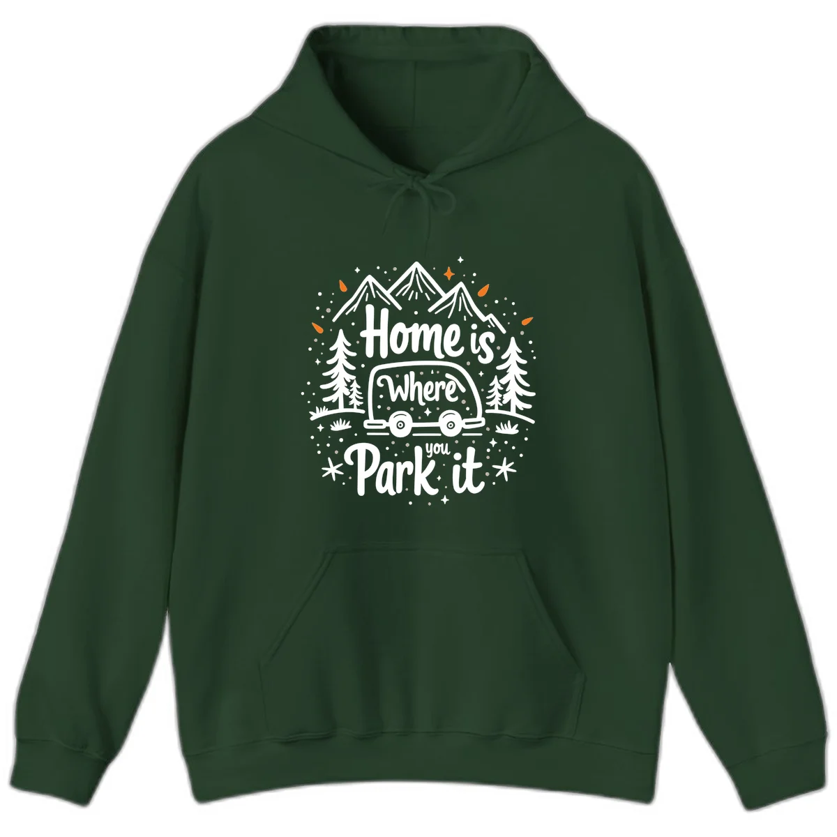 Illustrated winter camping scene with travel trailer, mountains, trees, and snowflakes with text 'Home is Where you Park it' in Forest Green