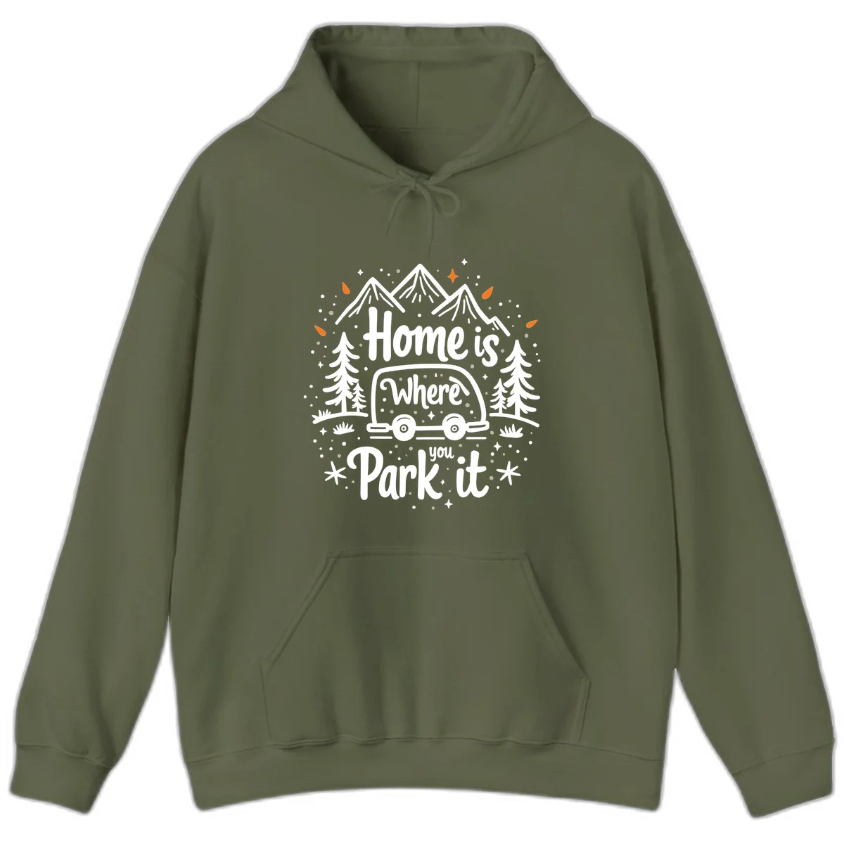 Illustrated winter camping scene with travel trailer, mountains, trees, and snowflakes with text 'Home is Where you Park it' in Military Green