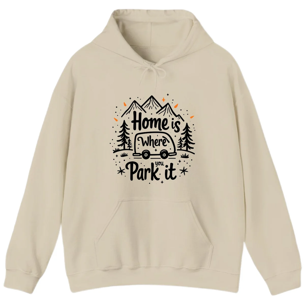 Illustrated winter camping scene with travel trailer, mountains, trees, and snowflakes with text 'Home is Where you Park it' in Sand