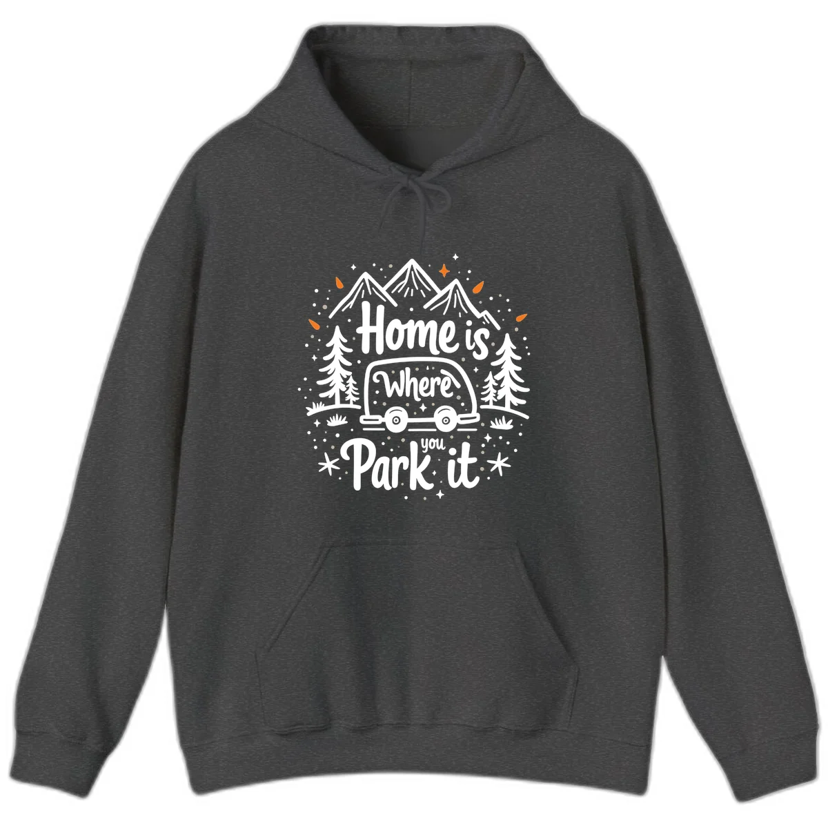 Illustrated winter camping scene with travel trailer, mountains, trees, and snowflakes with text 'Home is Where you Park it' in Dark Heather