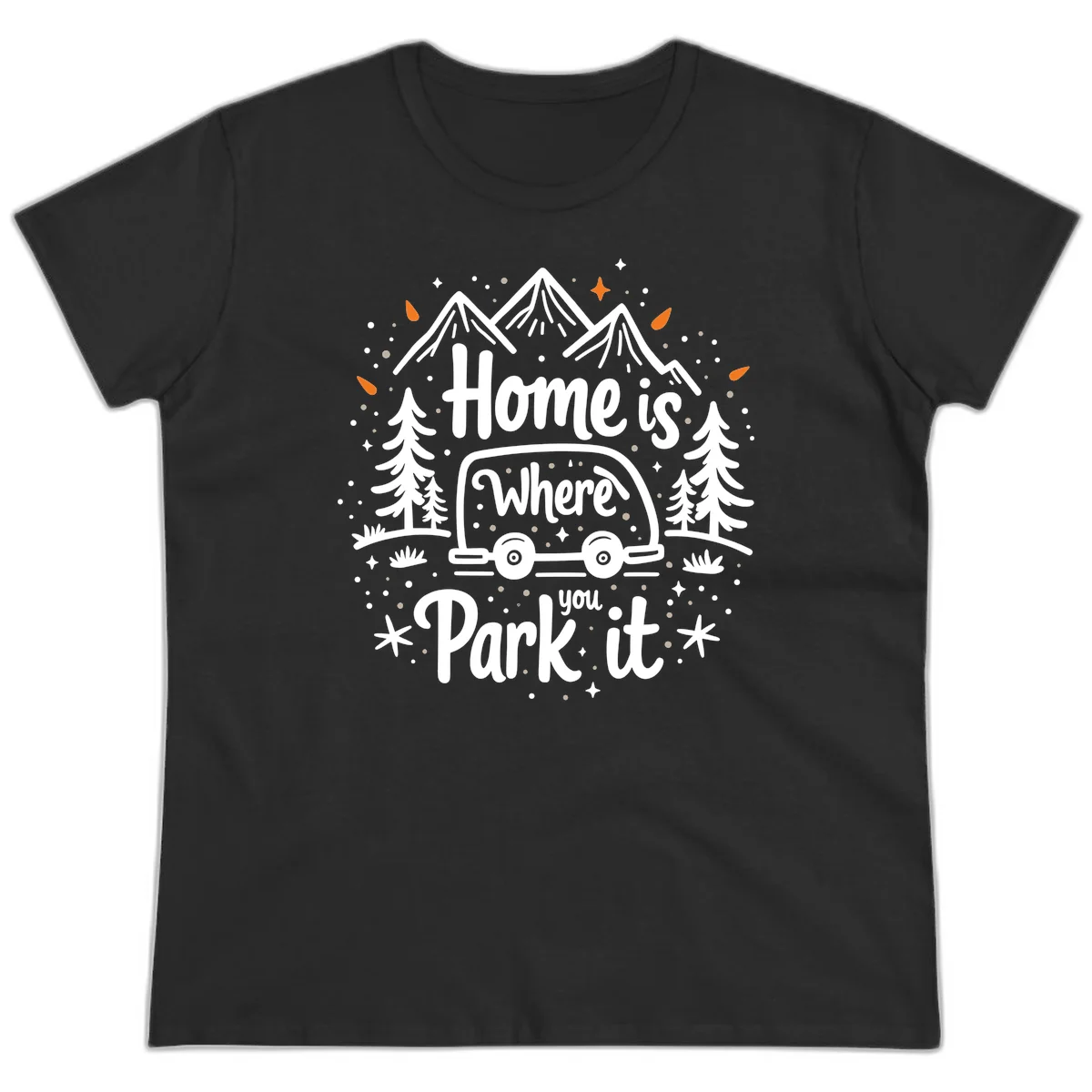Illustrated winter camping scene with travel trailer, mountains, trees, and snowflakes with text 'Home is Where you Park it' in Black