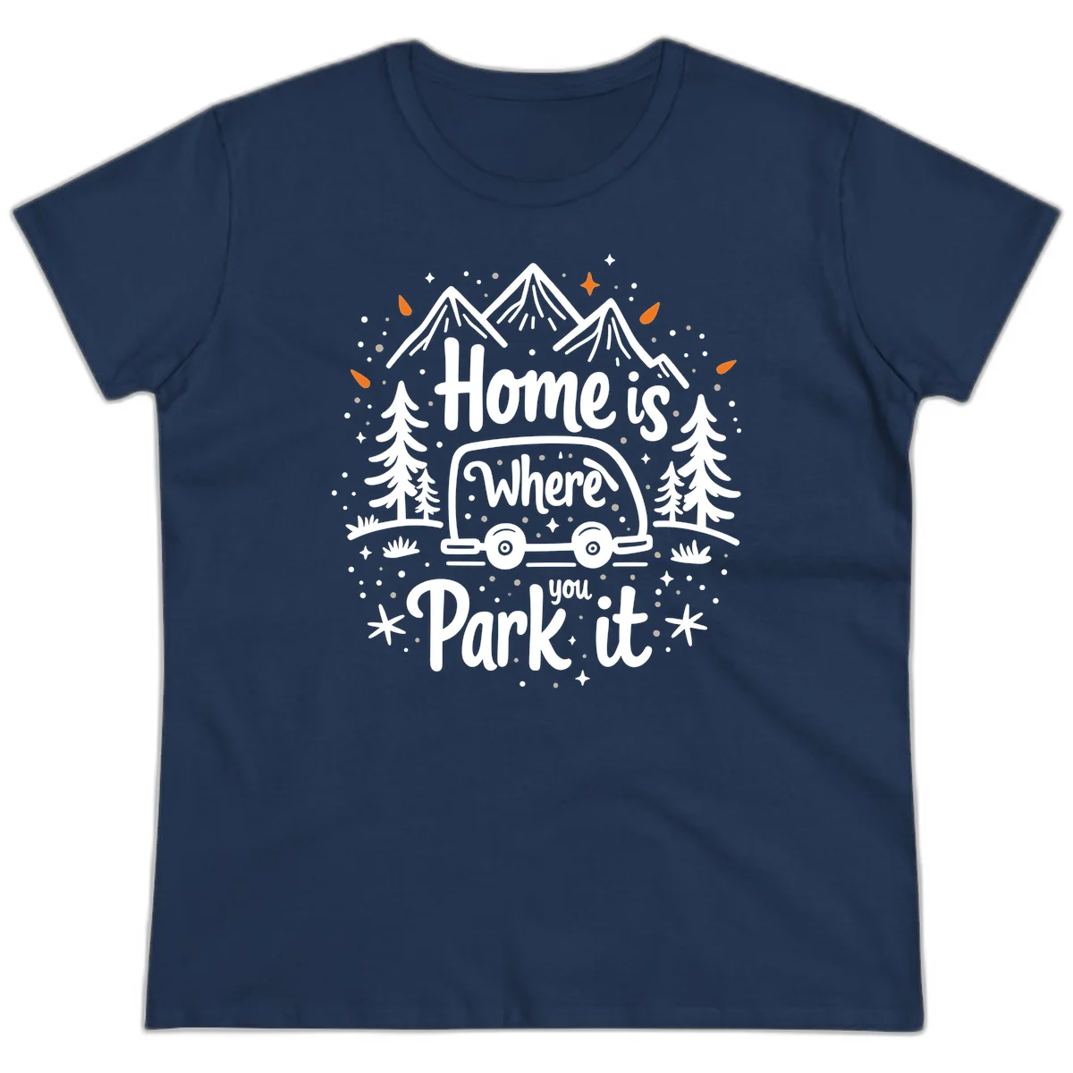 Illustrated winter camping scene with travel trailer, mountains, trees, and snowflakes with text 'Home is Where you Park it' in Navy