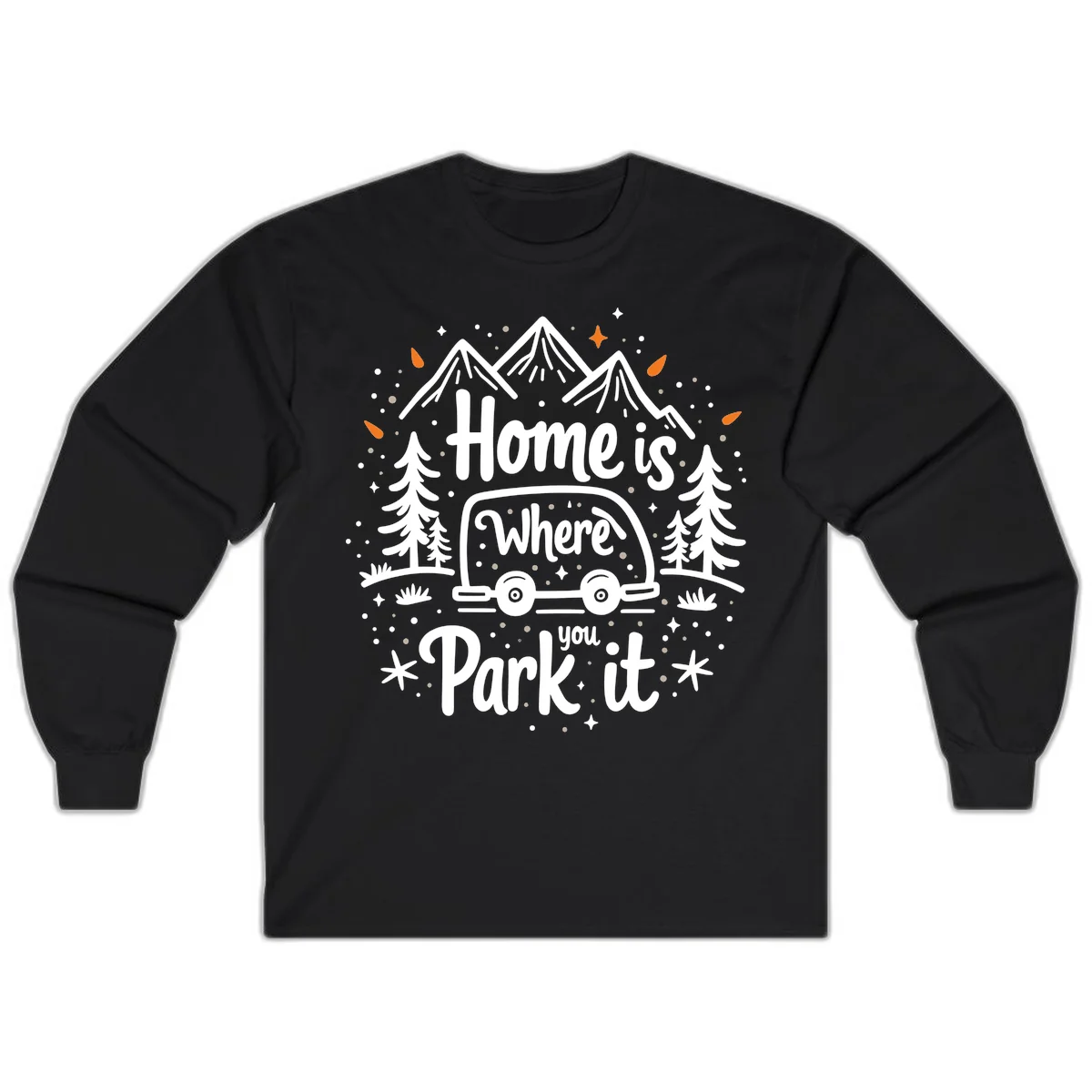 Illustrated winter camping scene with travel trailer, mountains, trees, and snowflakes with text 'Home is Where you Park it' in Black