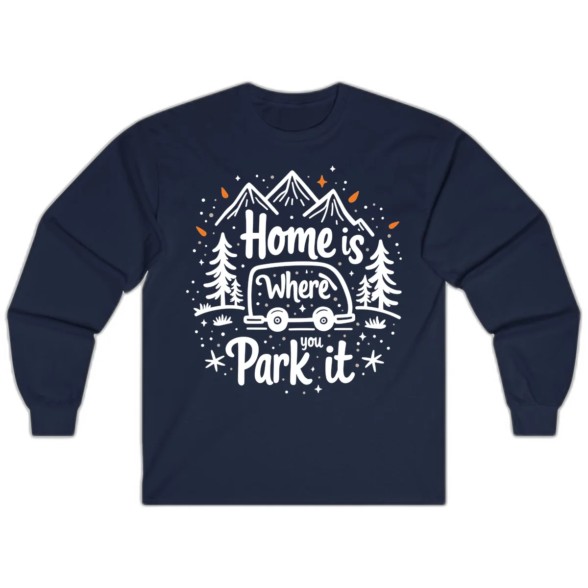 Illustrated winter camping scene with travel trailer, mountains, trees, and snowflakes with text 'Home is Where you Park it' in Navy