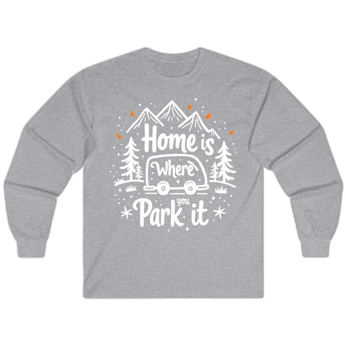 Illustrated winter camping scene with travel trailer, mountains, trees, and snowflakes with text 'Home is Where you Park it' in Sport Grey