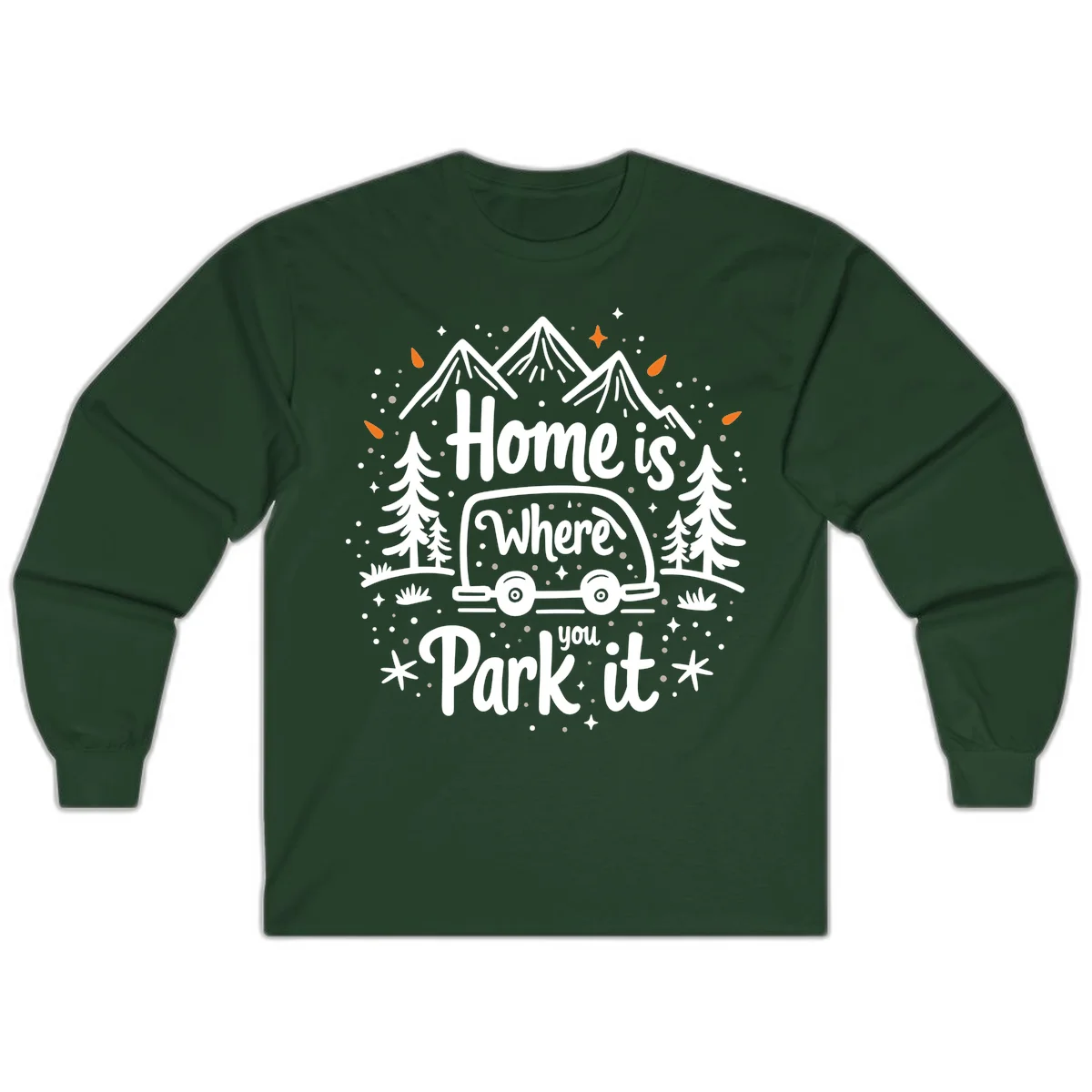 Illustrated winter camping scene with travel trailer, mountains, trees, and snowflakes with text 'Home is Where you Park it' in Forest Green