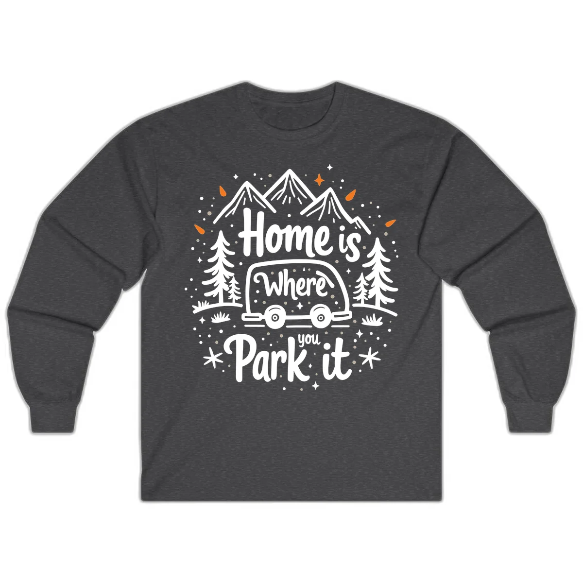 Illustrated winter camping scene with travel trailer, mountains, trees, and snowflakes with text 'Home is Where you Park it' in Dark Heather