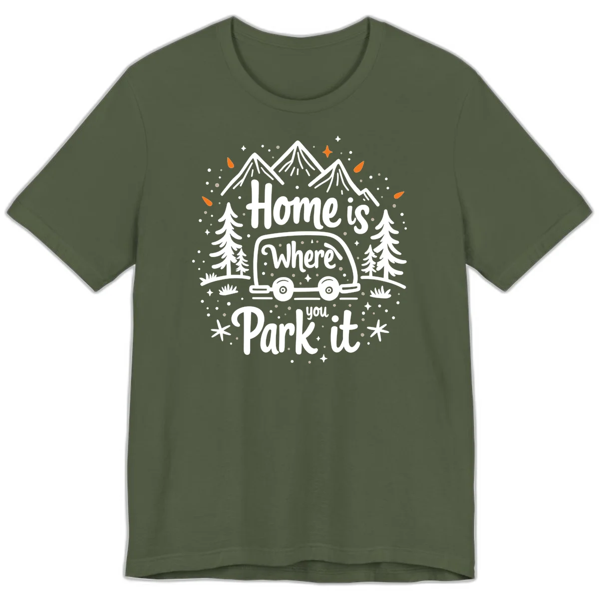 Illustrated winter camping scene with travel trailer, mountains, trees, and snowflakes with text 'Home is Where you Park it' in Military Green