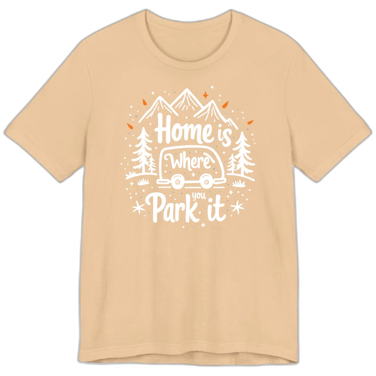 Illustrated winter camping scene with travel trailer, mountains, trees, and snowflakes with text 'Home is Where you Park it' in Sand Dune