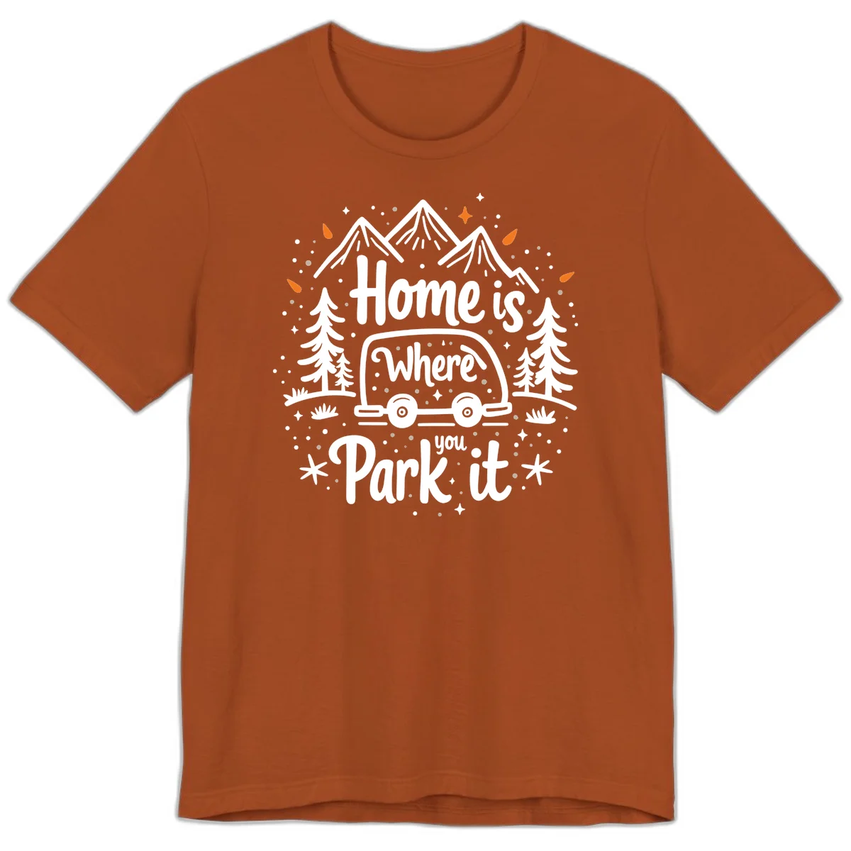 Illustrated winter camping scene with travel trailer, mountains, trees, and snowflakes with text 'Home is Where you Park it' in Autumn