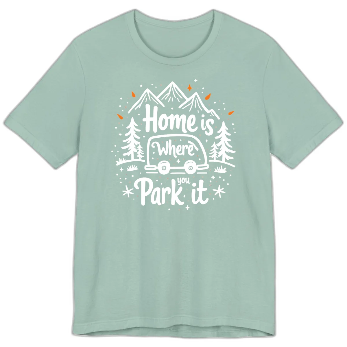 Illustrated winter camping scene with travel trailer, mountains, trees, and snowflakes with text 'Home is Where you Park it' in Dusty Blue