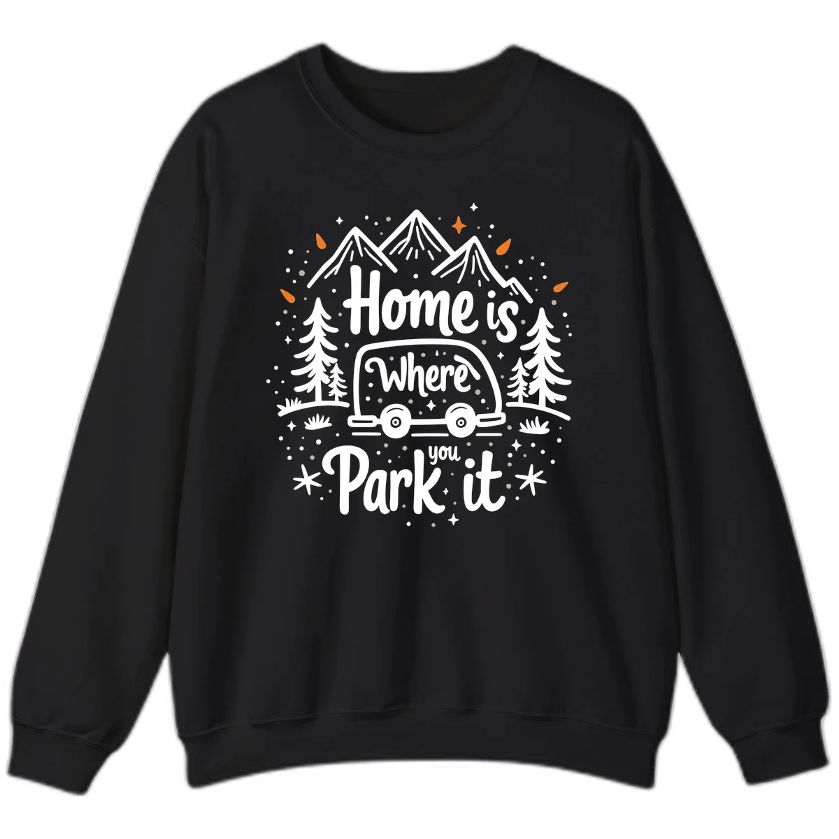 Illustrated winter camping scene with travel trailer, mountains, trees, and snowflakes with text 'Home is Where you Park it' in Black