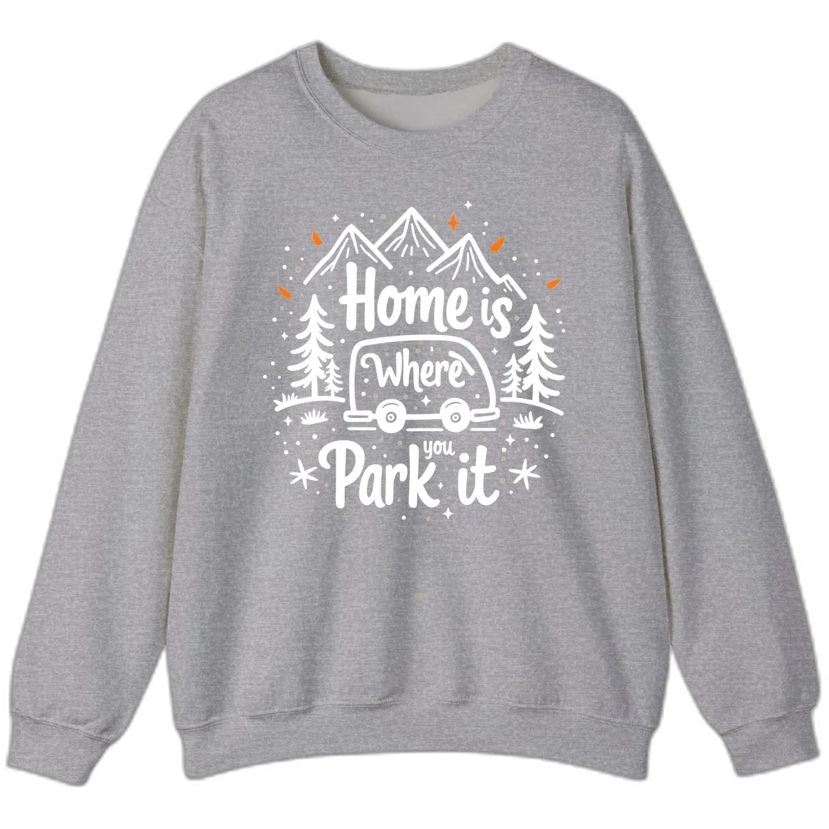 Illustrated winter camping scene with travel trailer, mountains, trees, and snowflakes with text 'Home is Where you Park it' in Sport Grey