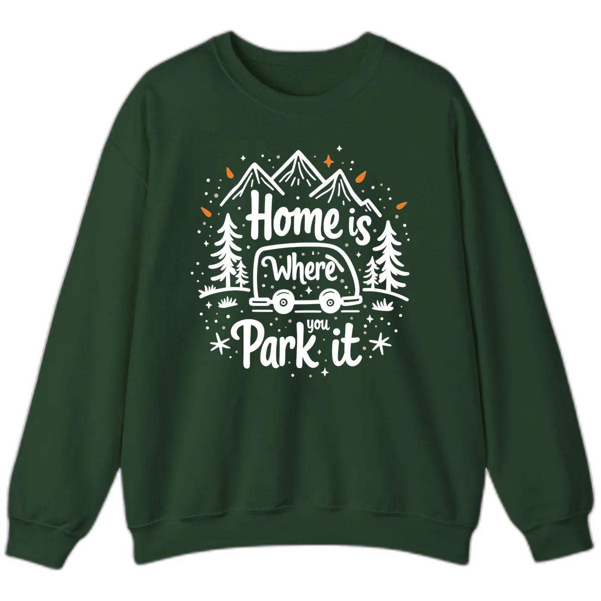 Illustrated winter camping scene with travel trailer, mountains, trees, and snowflakes with text 'Home is Where you Park it' in Forest Green