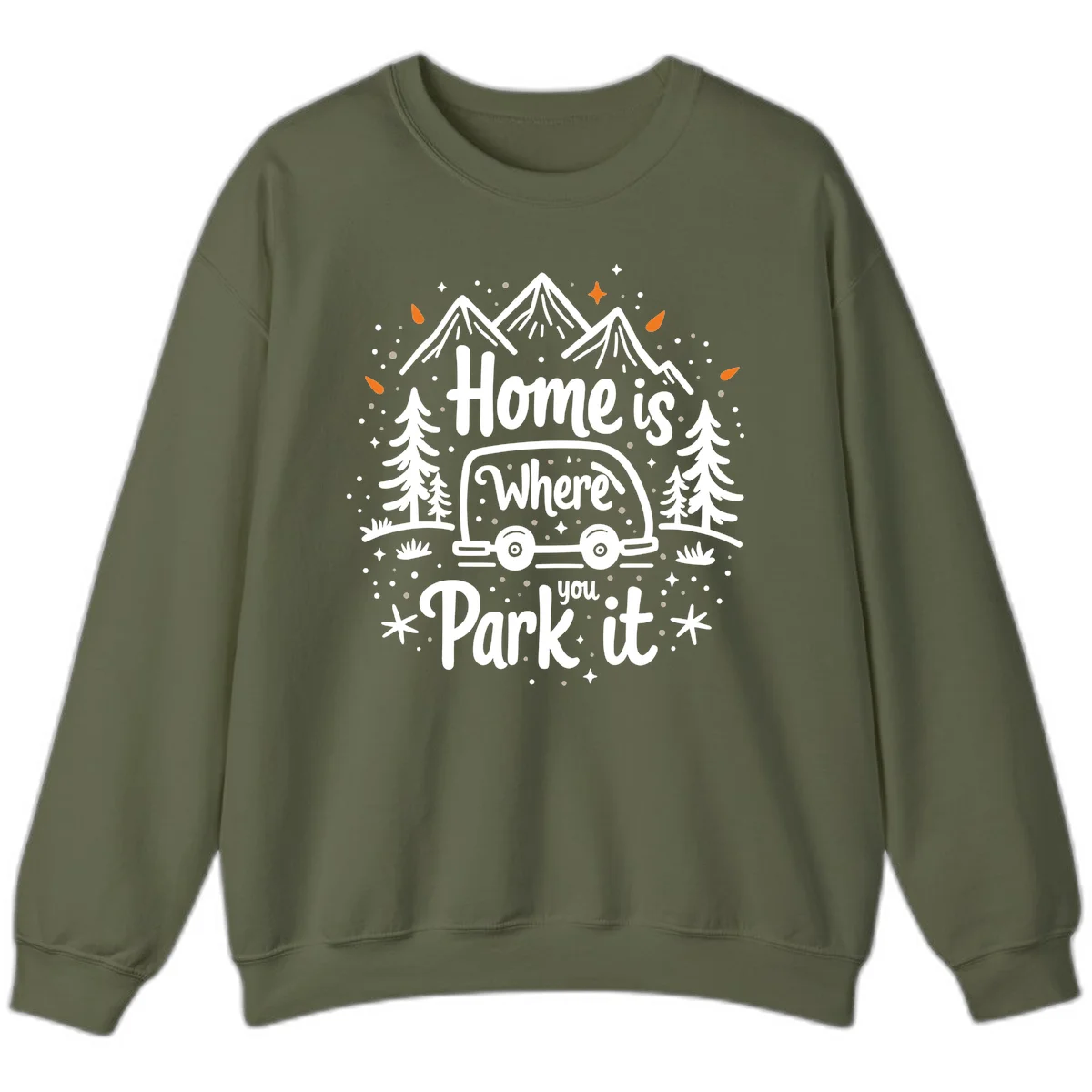 Illustrated winter camping scene with travel trailer, mountains, trees, and snowflakes with text 'Home is Where you Park it' in Military Green