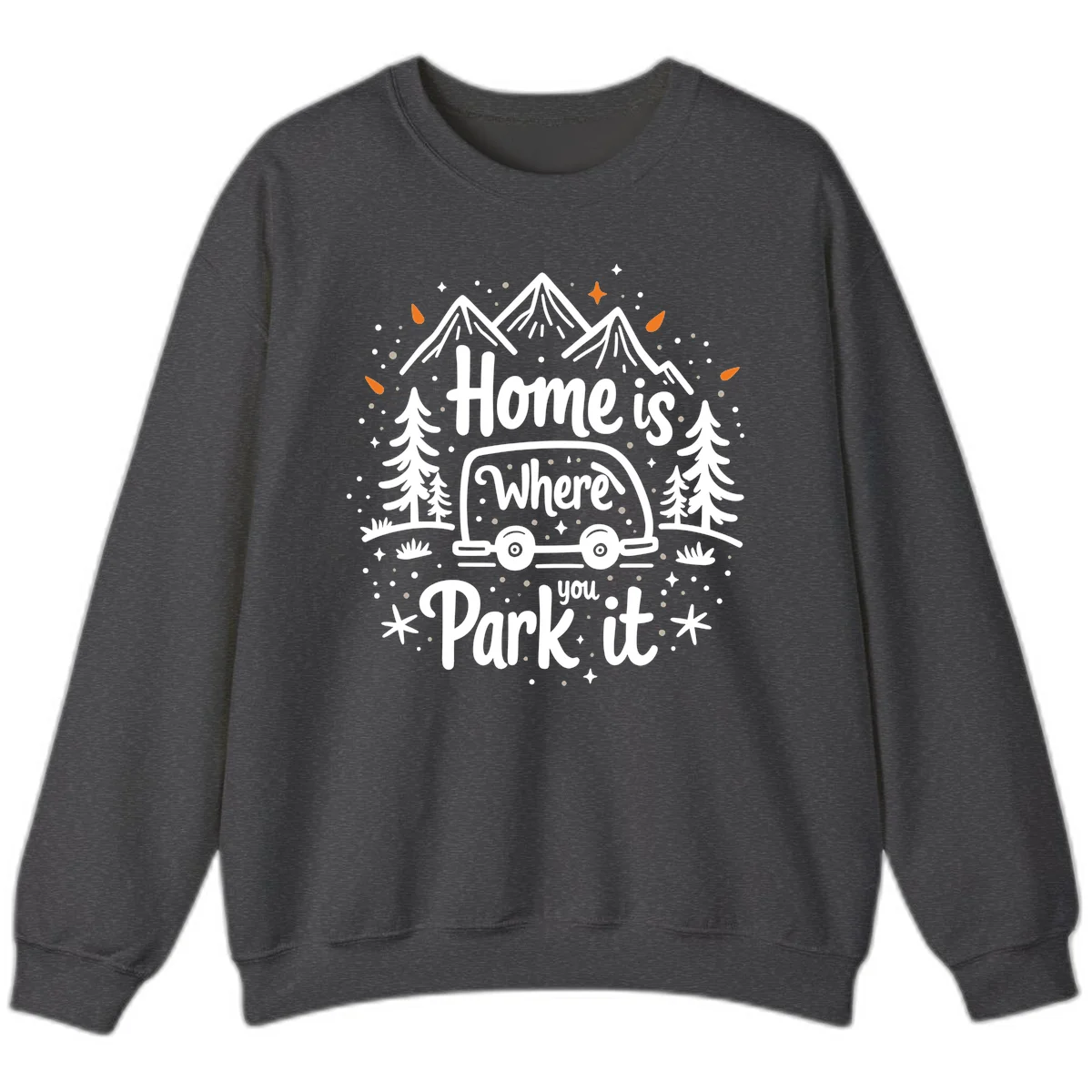 Illustrated winter camping scene with travel trailer, mountains, trees, and snowflakes with text 'Home is Where you Park it' in Dark Heather