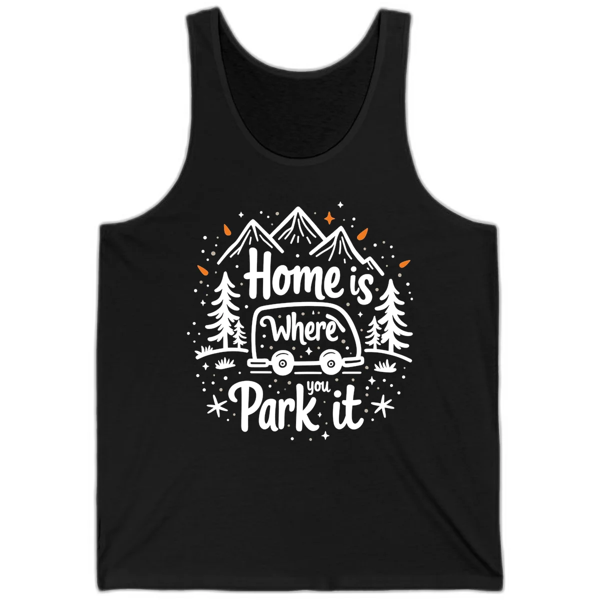 Illustrated winter camping scene with travel trailer, mountains, trees, and snowflakes with text 'Home is Where you Park it' in Black