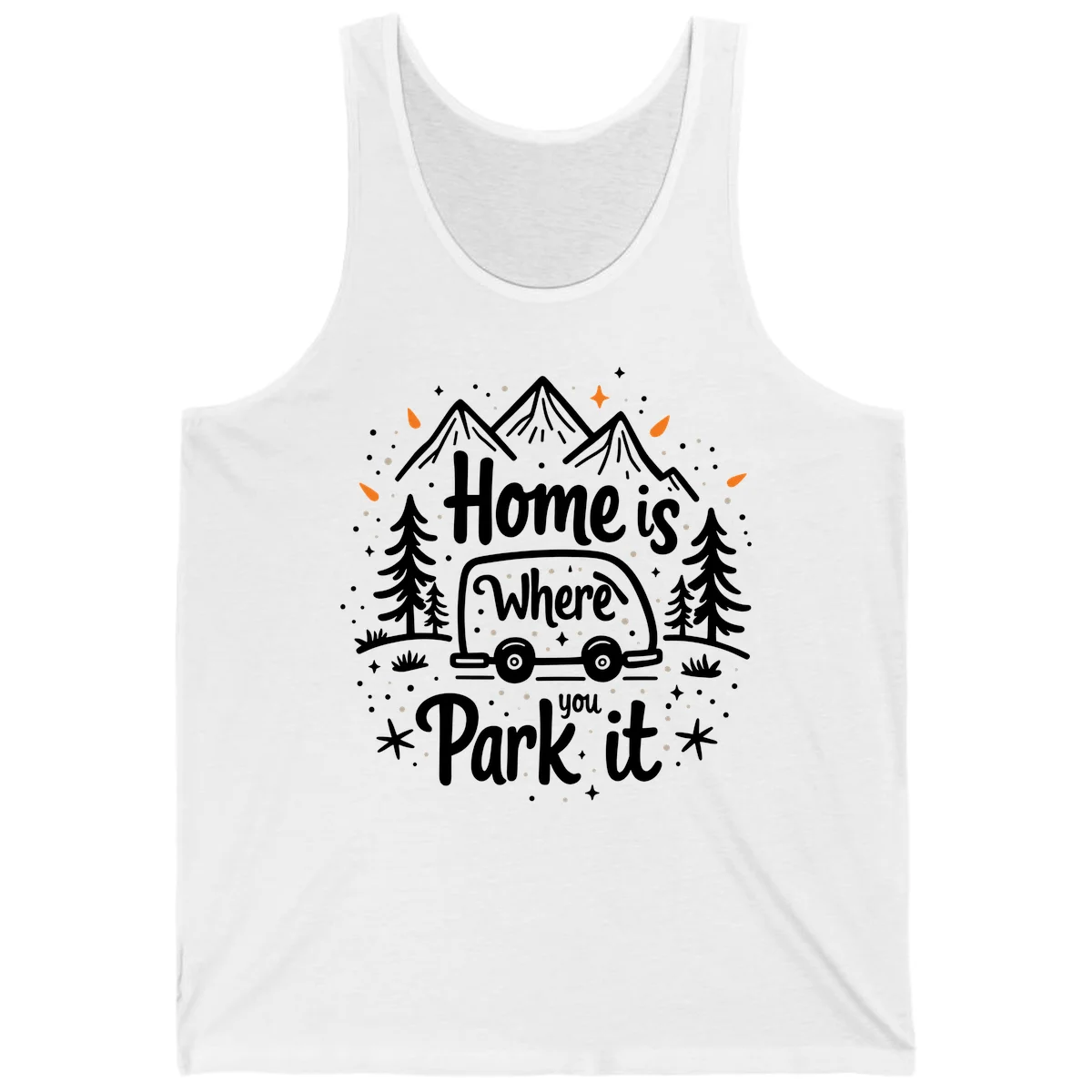 Illustrated winter camping scene with travel trailer, mountains, trees, and snowflakes with text 'Home is Where you Park it' in White