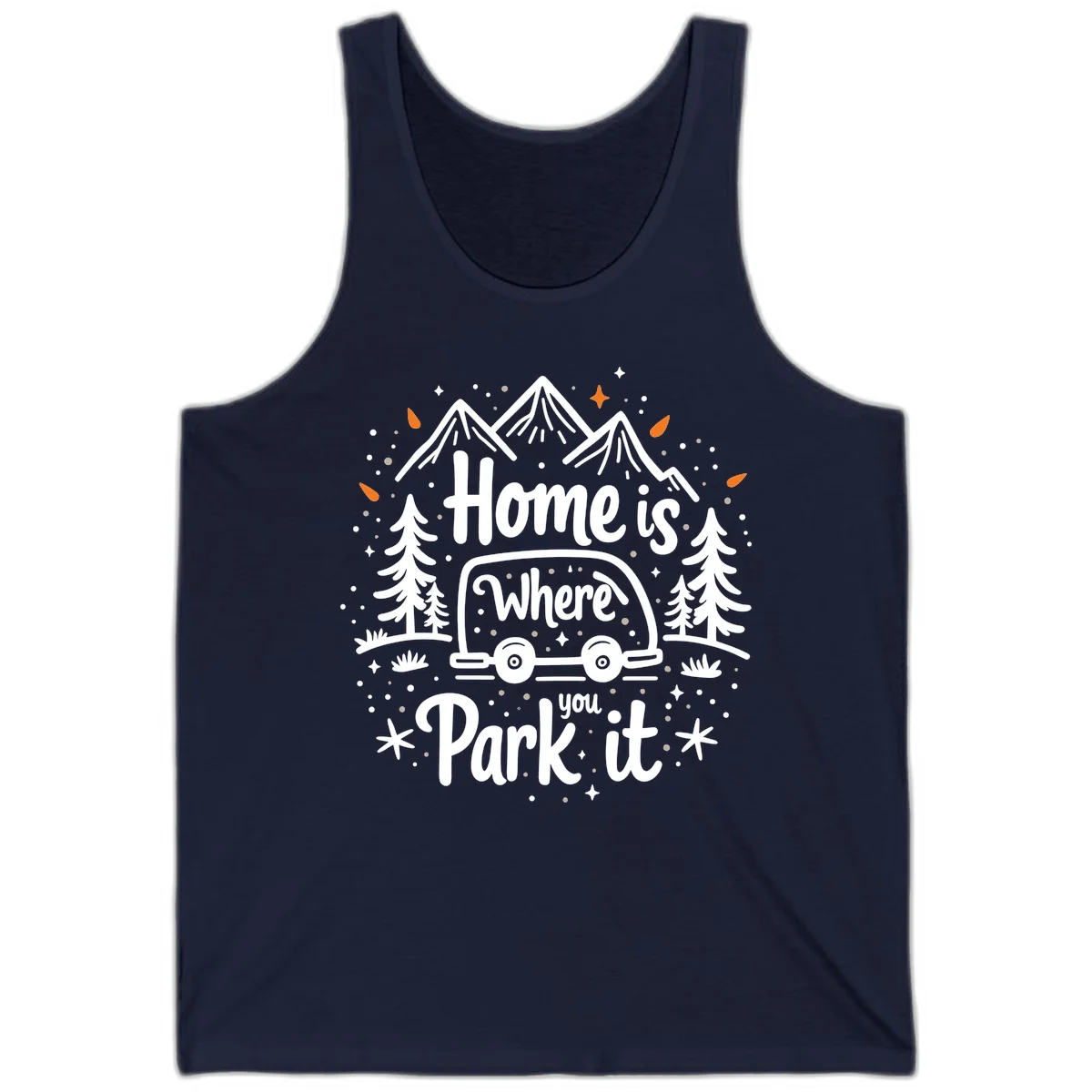 Illustrated winter camping scene with travel trailer, mountains, trees, and snowflakes with text 'Home is Where you Park it' in Navy