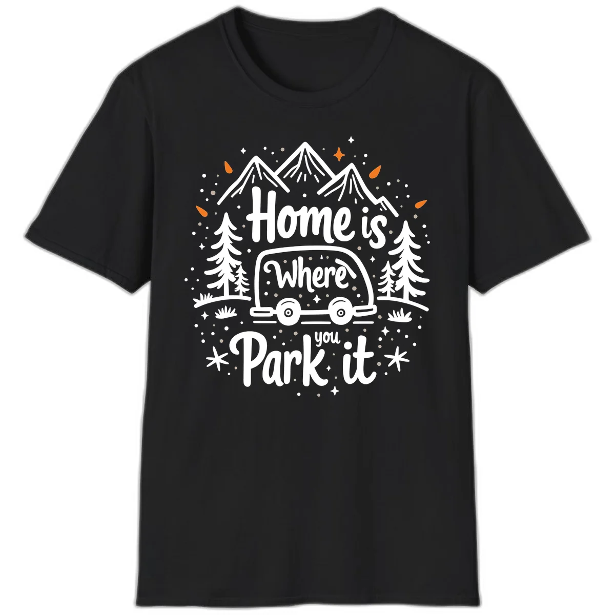 Illustrated winter camping scene with travel trailer, mountains, trees, and snowflakes with text 'Home is Where you Park it' in Black
