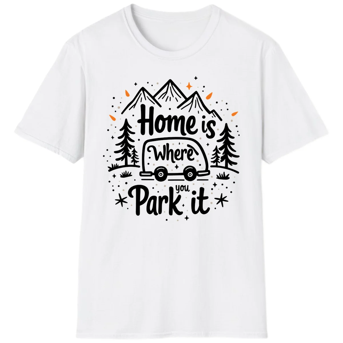 Illustrated winter camping scene with travel trailer, mountains, trees, and snowflakes with text 'Home is Where you Park it' in White