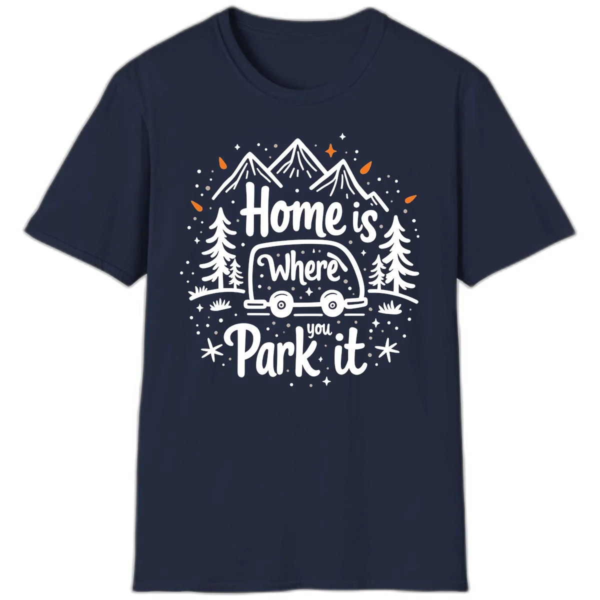 Illustrated winter camping scene with travel trailer, mountains, trees, and snowflakes with text 'Home is Where you Park it' in Navy