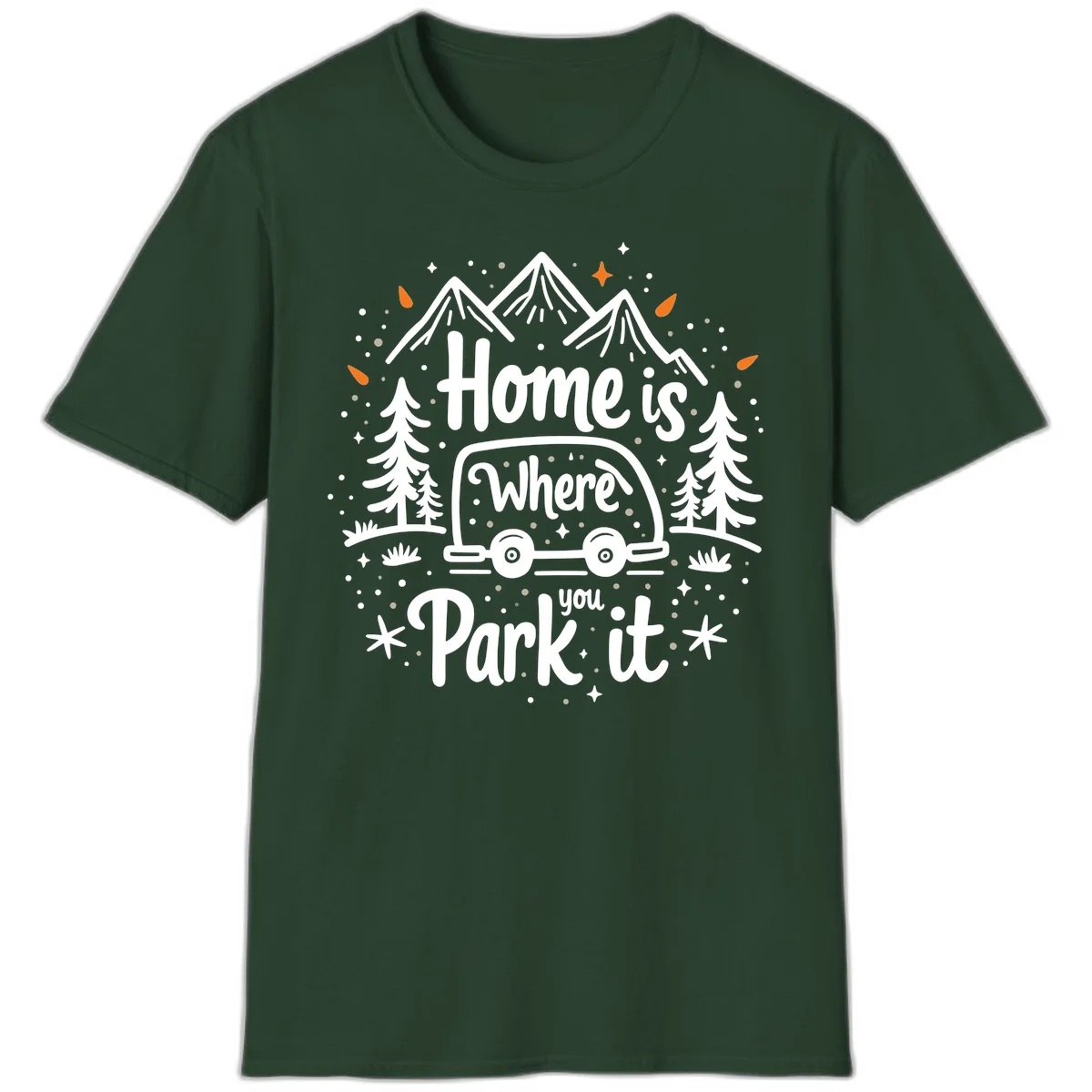 Illustrated winter camping scene with travel trailer, mountains, trees, and snowflakes with text 'Home is Where you Park it' in Forest Green