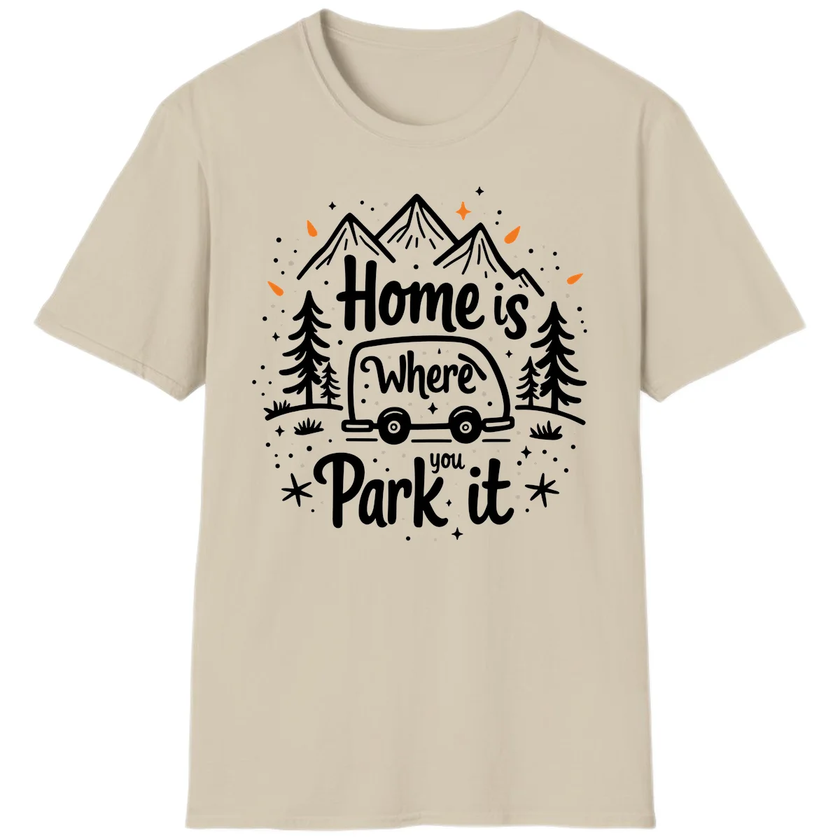 Illustrated winter camping scene with travel trailer, mountains, trees, and snowflakes with text 'Home is Where you Park it' in Sand