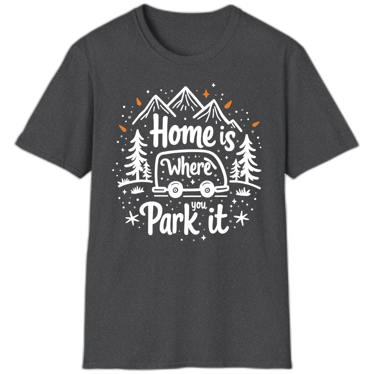 Illustrated winter camping scene with travel trailer, mountains, trees, and snowflakes with text 'Home is Where you Park it' in Dark Heather