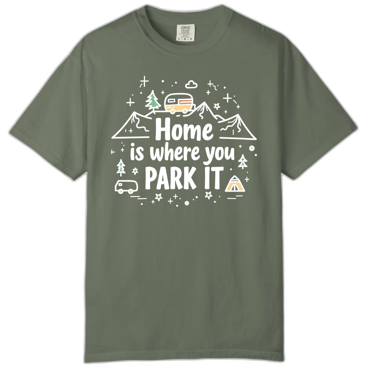 Illustrated design with vintage travel trailer parked on mountain road, evergreen trees, tent, and text reading 'Home is where you park it' on gray background. in Moss