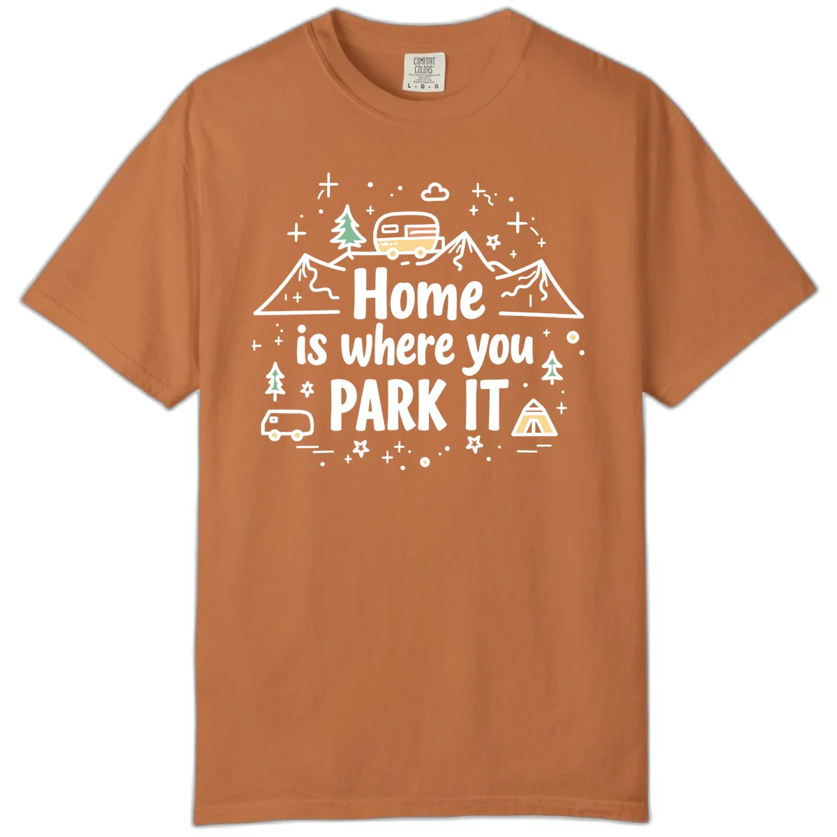Illustrated design with vintage travel trailer parked on mountain road, evergreen trees, tent, and text reading 'Home is where you park it' on gray background. in Yam