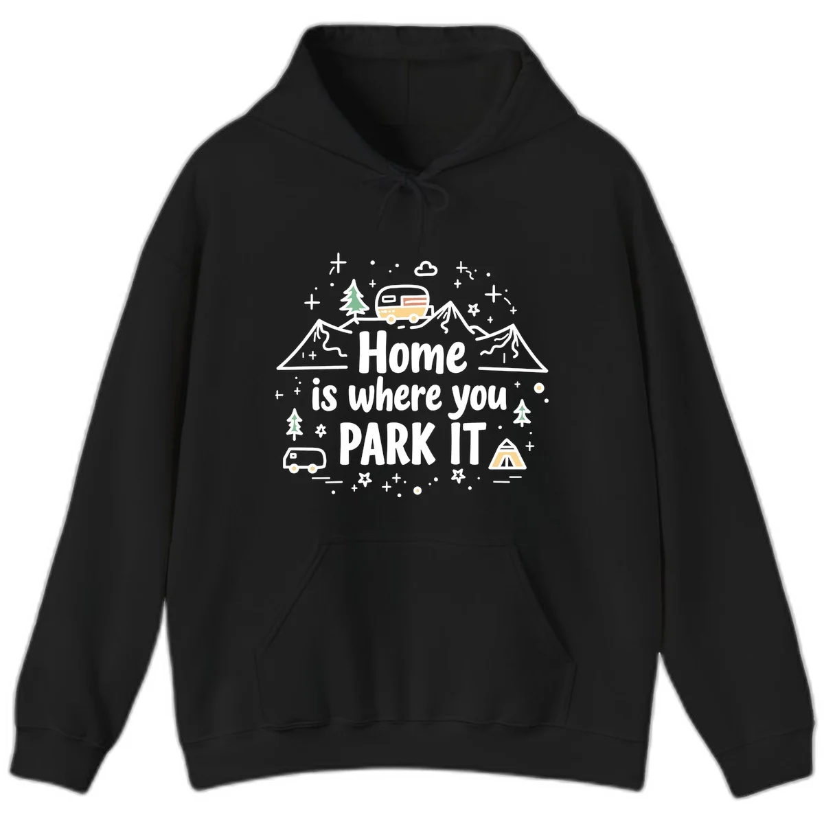 Illustrated design with vintage travel trailer parked on mountain road, evergreen trees, tent, and text reading 'Home is where you park it' on gray background. in Black