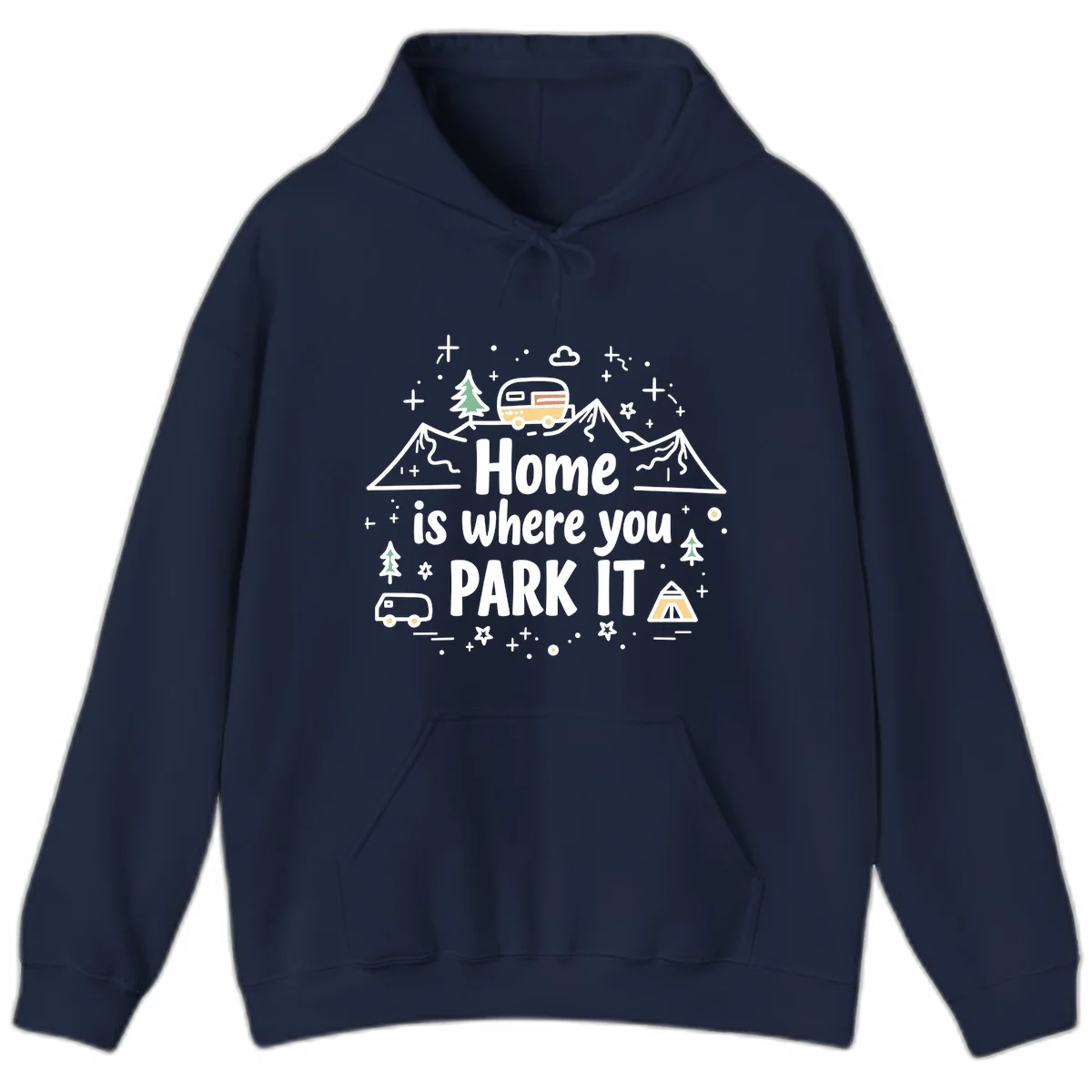 Illustrated design with vintage travel trailer parked on mountain road, evergreen trees, tent, and text reading 'Home is where you park it' on gray background. in Navy