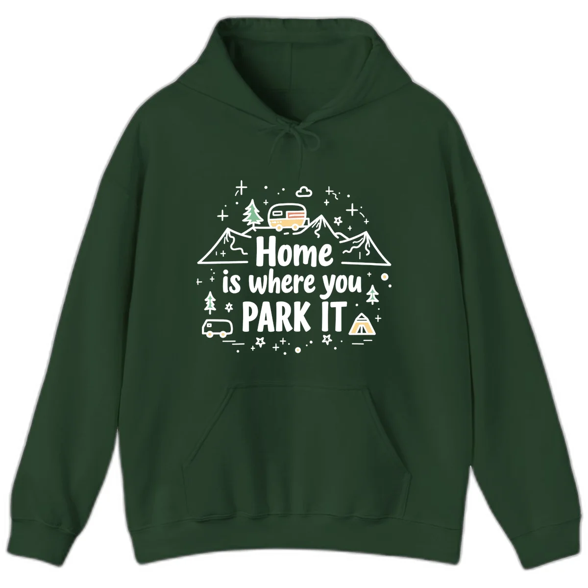 Illustrated design with vintage travel trailer parked on mountain road, evergreen trees, tent, and text reading 'Home is where you park it' on gray background. in Forest Green