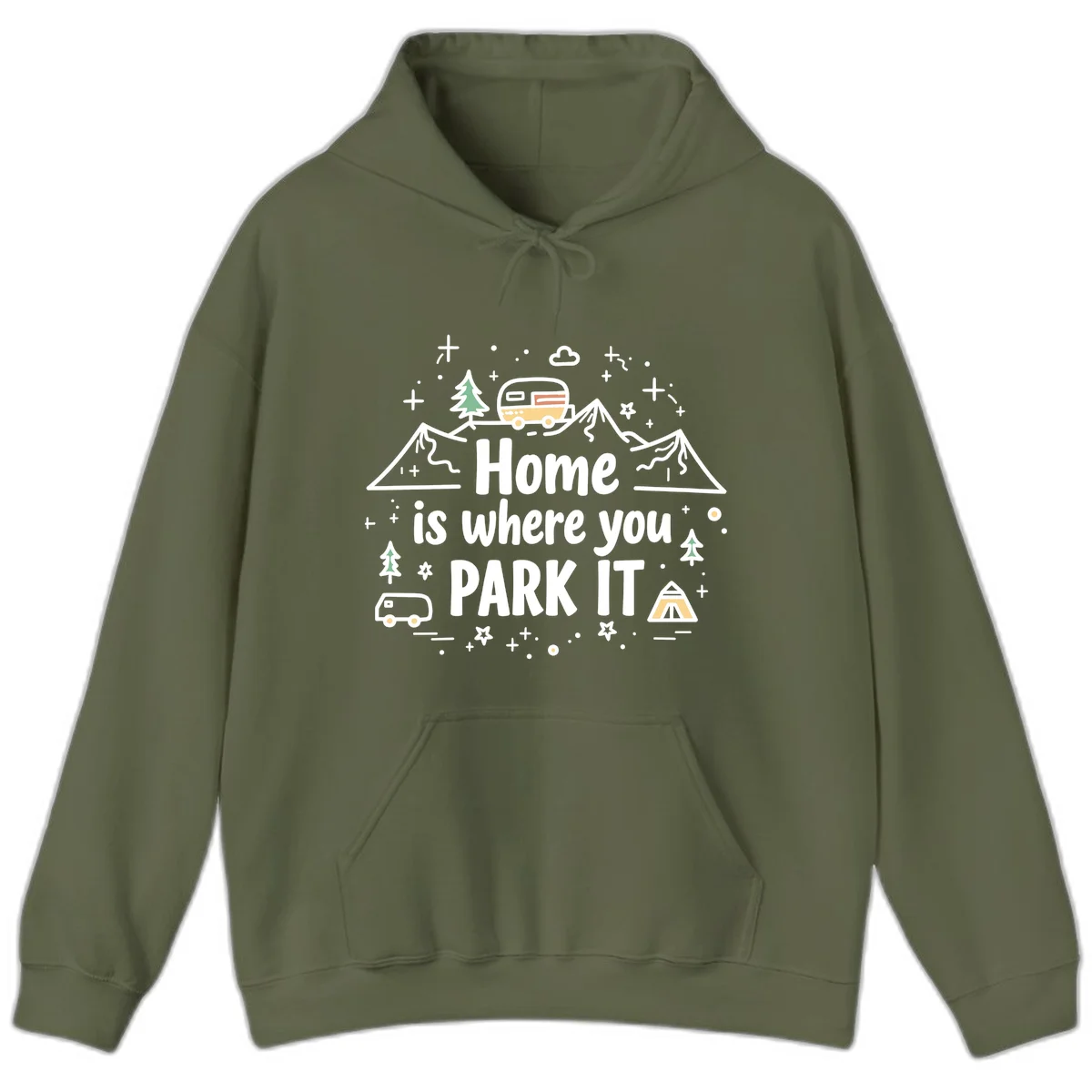 Illustrated design with vintage travel trailer parked on mountain road, evergreen trees, tent, and text reading 'Home is where you park it' on gray background. in Military Green