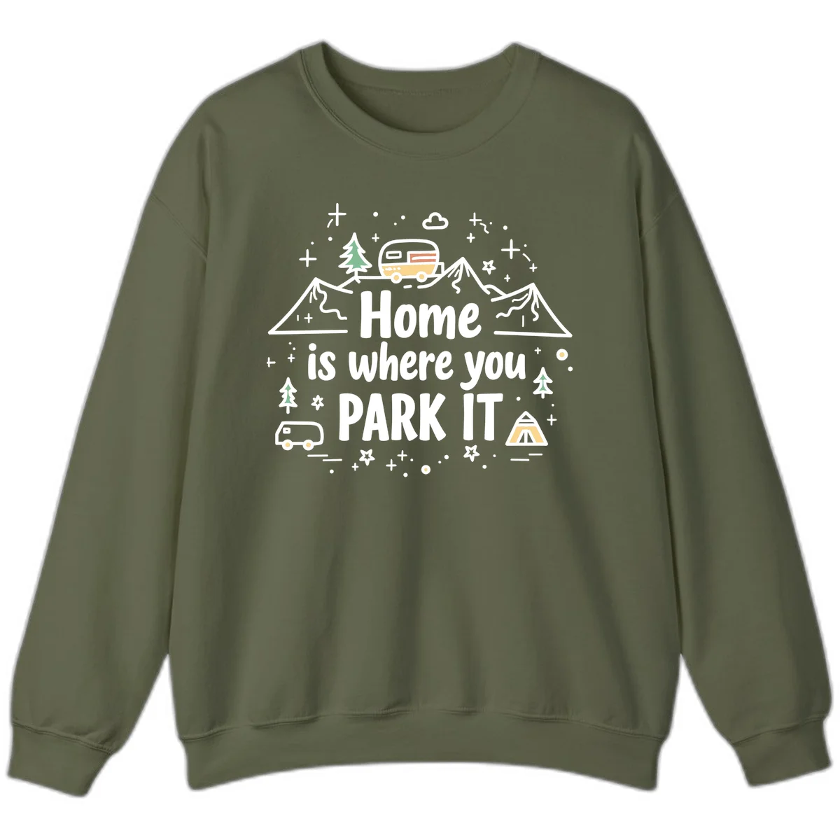 Illustrated design with vintage travel trailer parked on mountain road, evergreen trees, tent, and text reading 'Home is where you park it' on gray background. in Military Green