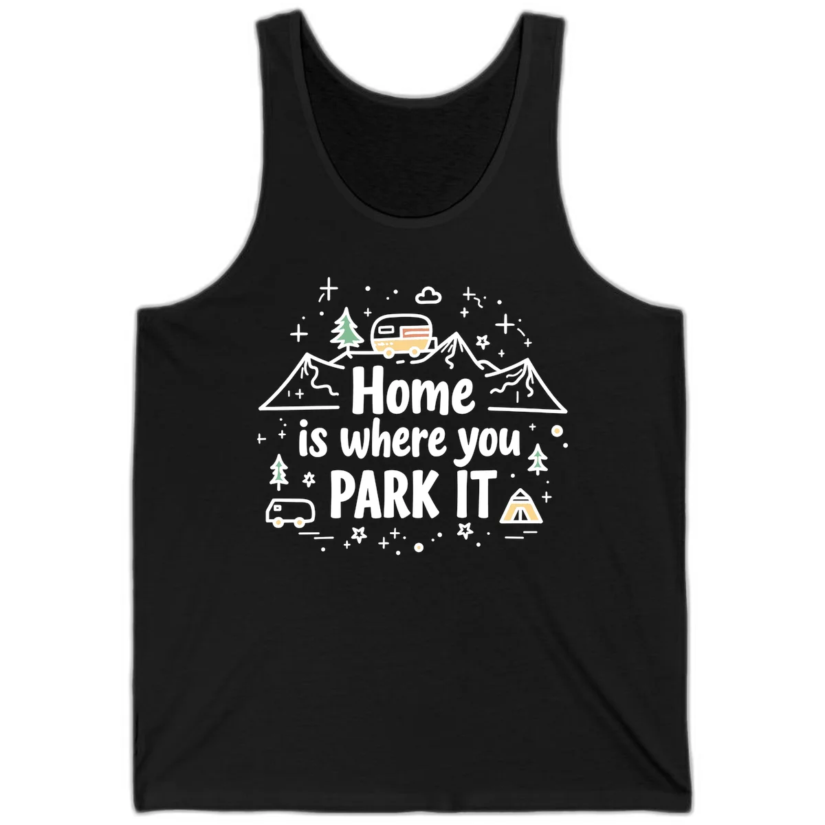 Illustrated design with vintage travel trailer parked on mountain road, evergreen trees, tent, and text reading 'Home is where you park it' on gray background. in Black