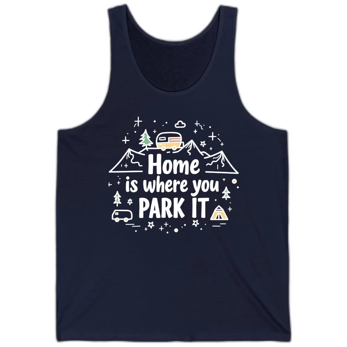Illustrated design with vintage travel trailer parked on mountain road, evergreen trees, tent, and text reading 'Home is where you park it' on gray background. in Navy